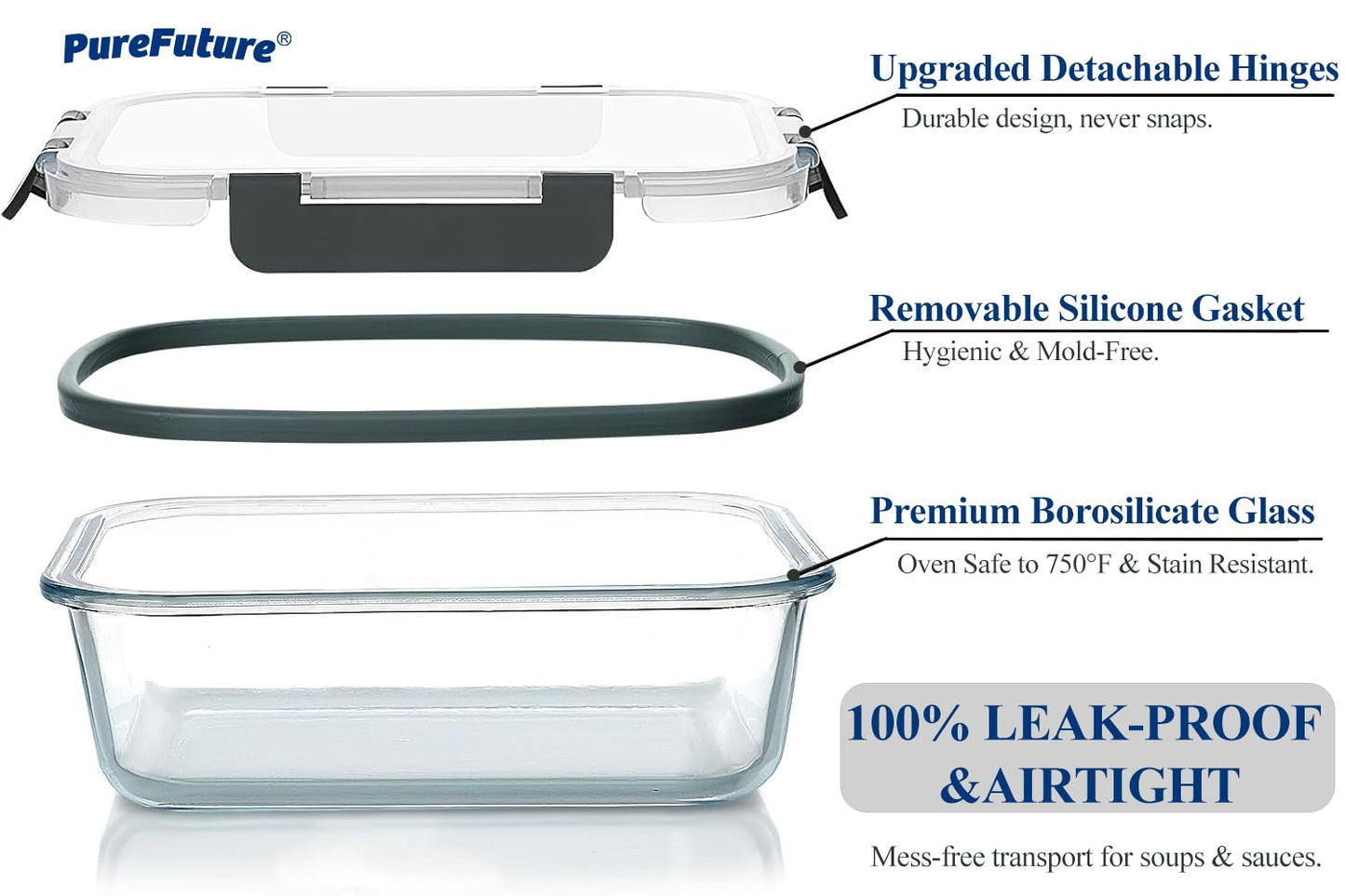 Pure Future 10-Piece Set (5-Pack, 36oz) Borosilicate Glass Food Storage Containers with Upgraded Detachable Locking Lids - Leak Proof Meal Prep Lunch Boxes, Oven/Microwave Safe 🍁 All In One Marketplace Canada