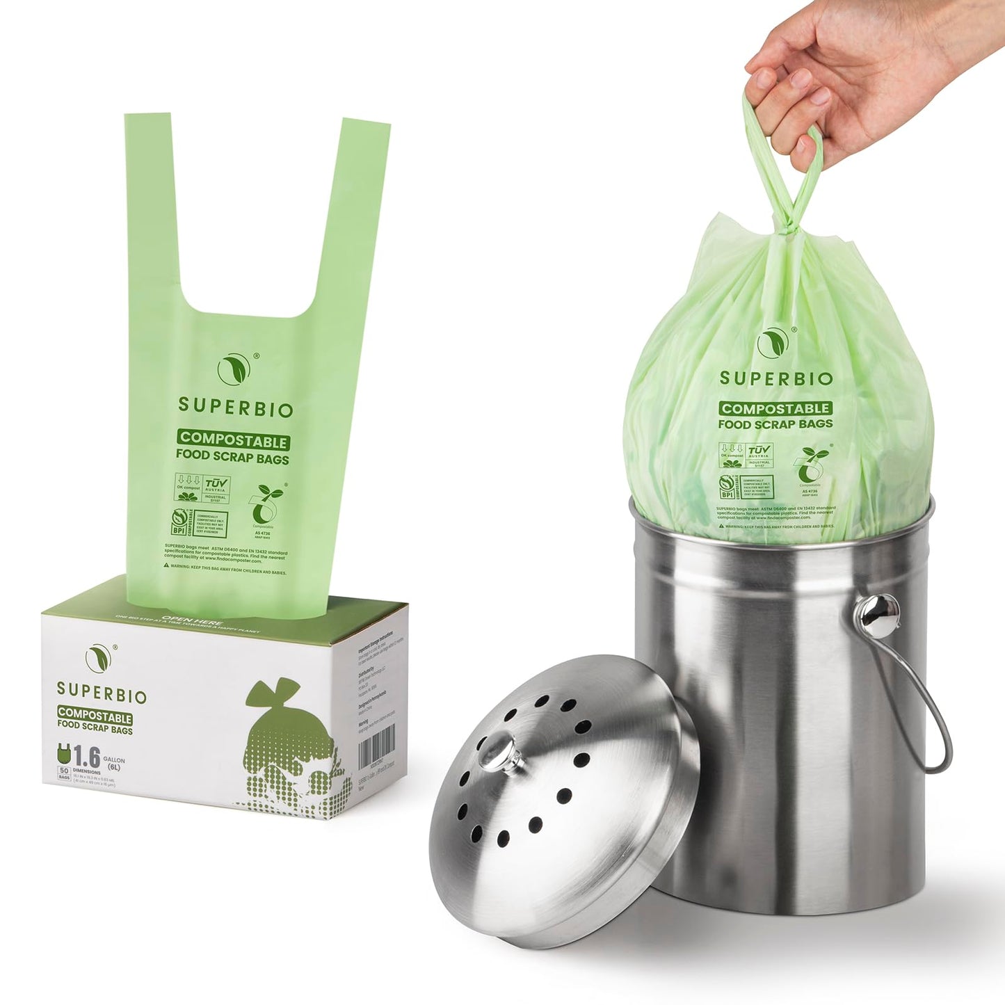 SUPERBIO Compostable Food Scrap Bags, 6L, Small Compost Bags for Counter Top Compost Bin, 50 Count, BPI & OK compost INDUSTRIAL Certified 🍁 All In One Marketplace Canada