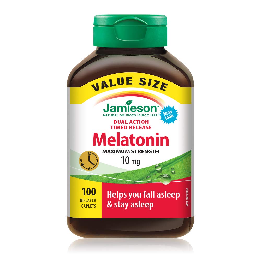 Jamieson Melatonin 10 mg Maximum Strength, 100 Bi-Layer Caplets, Dual-Action Timed Released, Improves Sleep Quality and Duration, Helps Reset the Body's Sleep-Wake Cycle. Vegetarian, Proudly Canadian 🍁 All In One Marketplace Canada