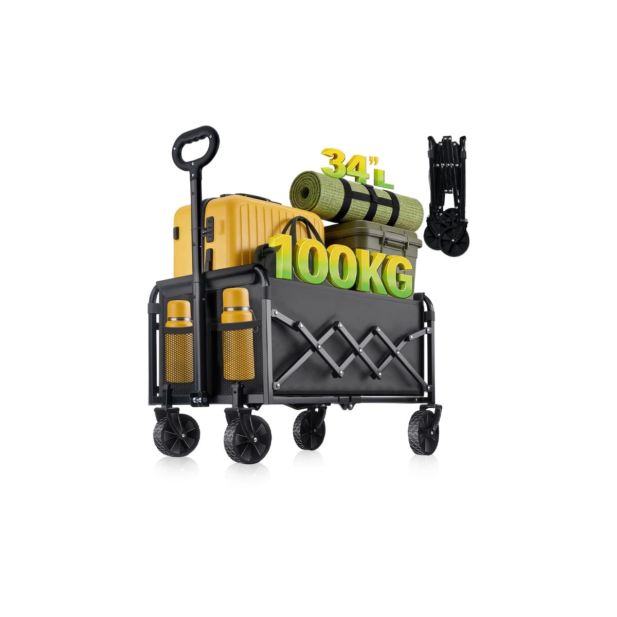 100KG Collapsible Foldable Wagon Carts - Heavy Duty Portable Folding Utility Wagons with All-Terrain Wheels for Grocery Sports Shopping Camping Garden Beach, 2 Drink Holders/Lightweight/Black 🍁 All In One Marketplace Canada