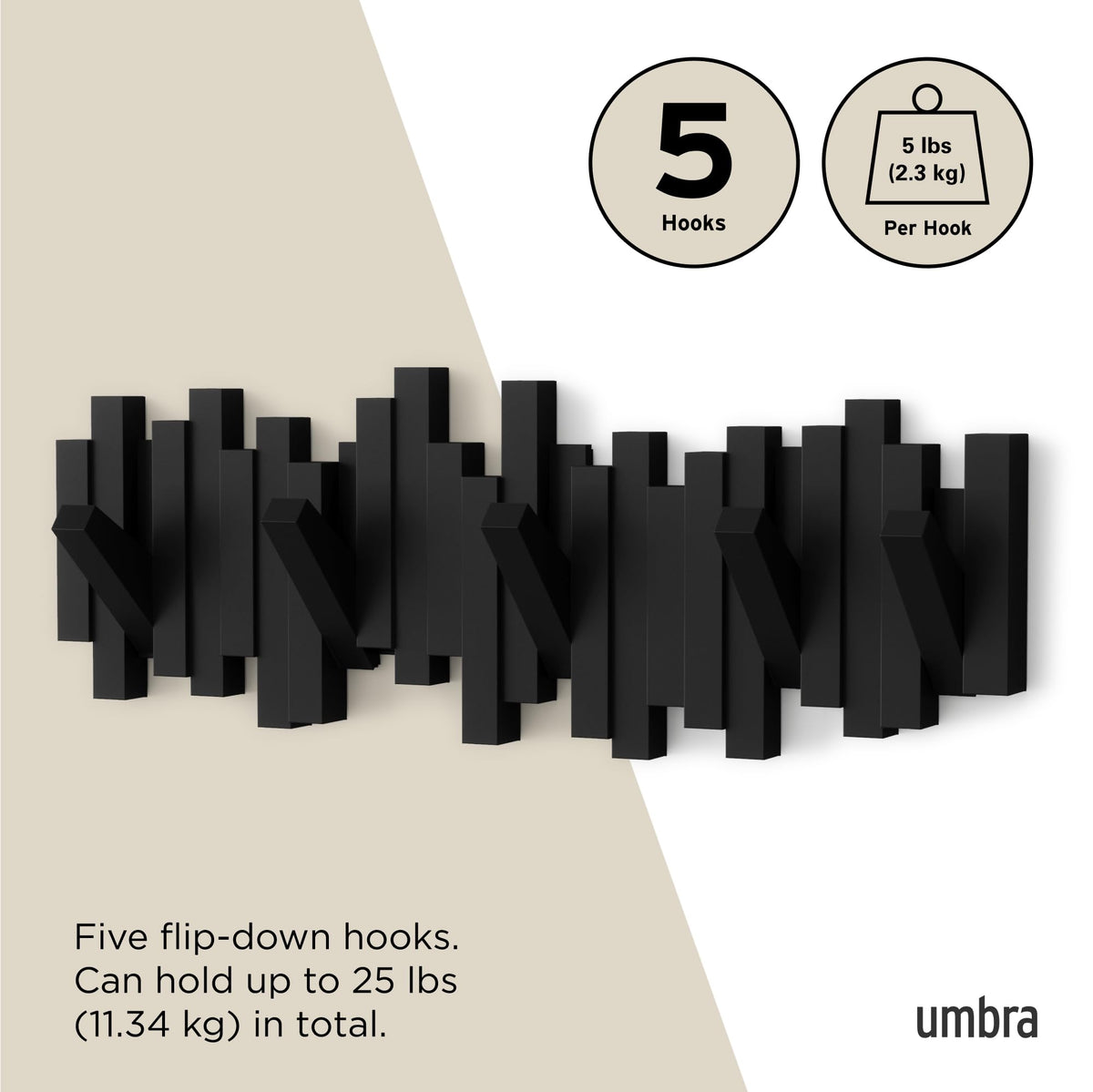 Umbra Sticks Wall-Mounted Coat Rack Rail Hook with 5 Retractable Pegs – Modern, Space-Saving Storage Organizer, Black 🍁 All In One Marketplace Canada
