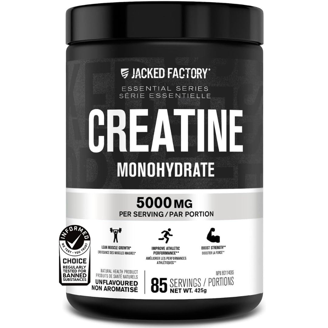 Jacked Factory Creatine Monohydrate Powder 425g - Canadian-Owned Informed Choice Certified Supplement for Increased Muscle Mass*, Improved Strength, Power, & Performance** - 85 Servings, Unflavored 🍁 All In One Marketplace Canada