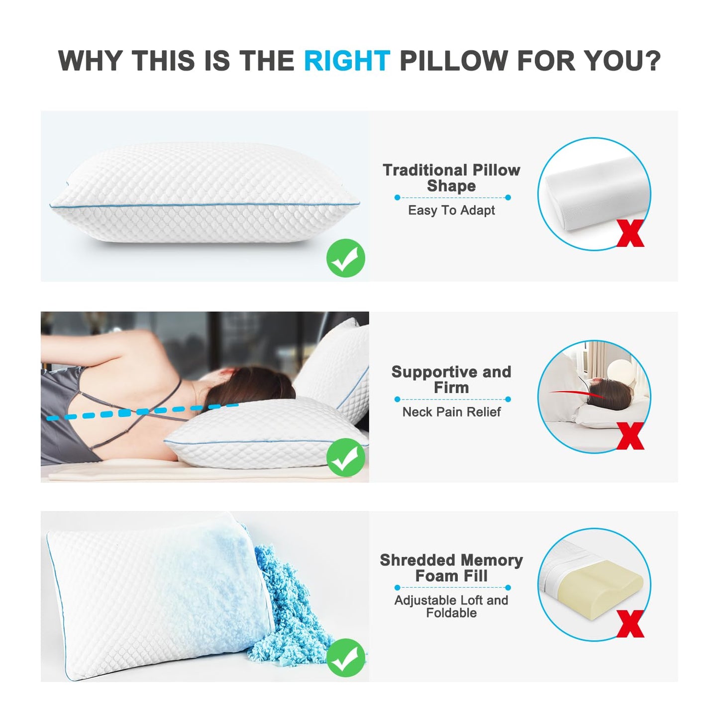 VVZ Cooling Shredded Memory Foam Pillows Queen Size 2 Pack, Adjustable Firm Bed Pillows for Side Back Stomach Sleepers, Luxury Gel Pillow for Hot Sleepers with Breathable Washable Cover 🍁 All In One Marketplace Canada