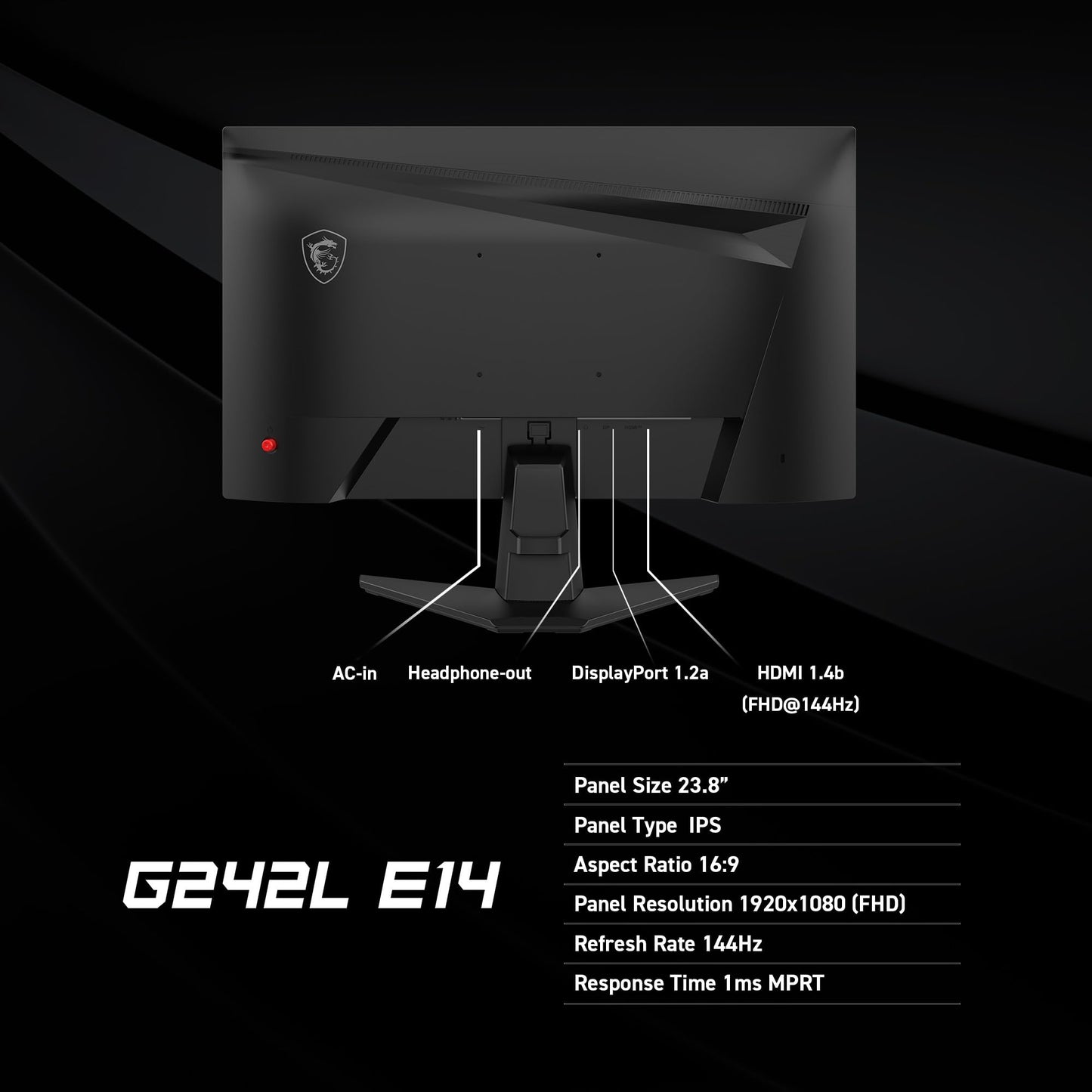 MSI G242L E14 24-inch 1920 x 1080 (FHD) Gaming Monitor, 144Hz, Adaptive-Synch, HDMI, DisplayPort, VESA Mountable, Tilt, Height Adjustable, Speaker, 1ms, Black 🍁 All In One Marketplace Canada