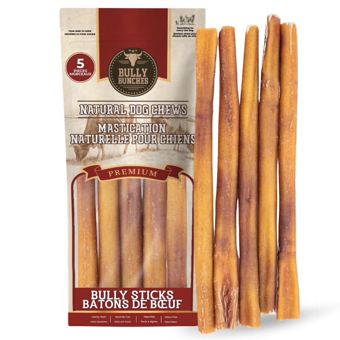 Bully Bunches Premium (12" Standard - 5 Pack) Odour-Free, Consistently Sized Bully Sticks for Medium Dogs - Long Lasting Oral Care Chews - All Natural Single Ingredient, Beef Dog Treat, No Rawhide 🍁 All In One Marketplace Canada
