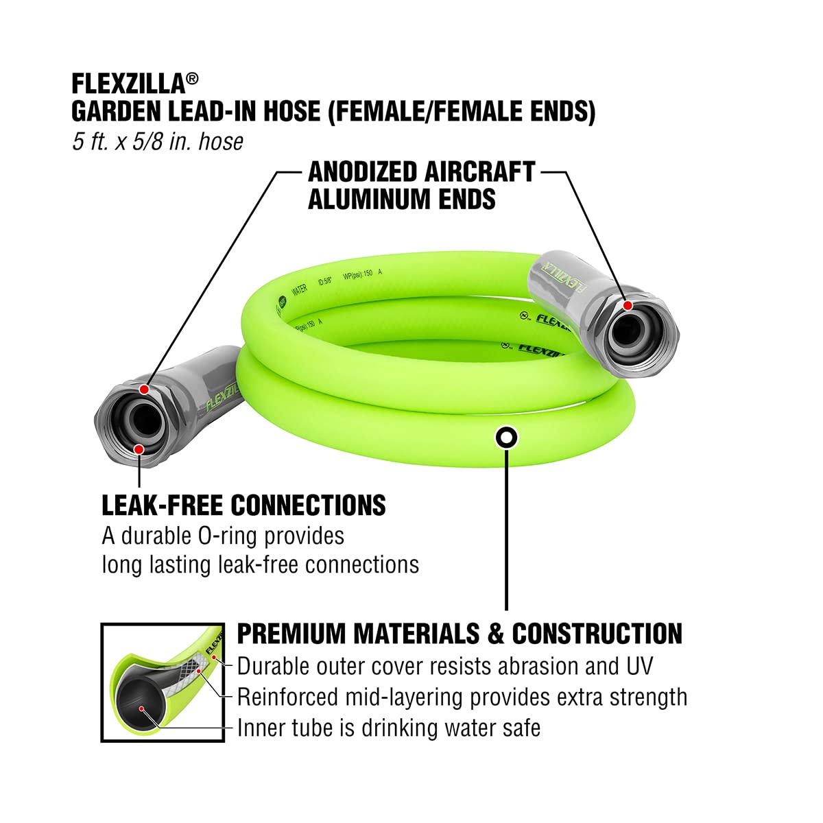 Flexzilla Garden Lead-in Hose, 5/8" x 5', Female/Female 3/4" - 11 1/2 GHT Fittings 🍁 All In One Marketplace Canada