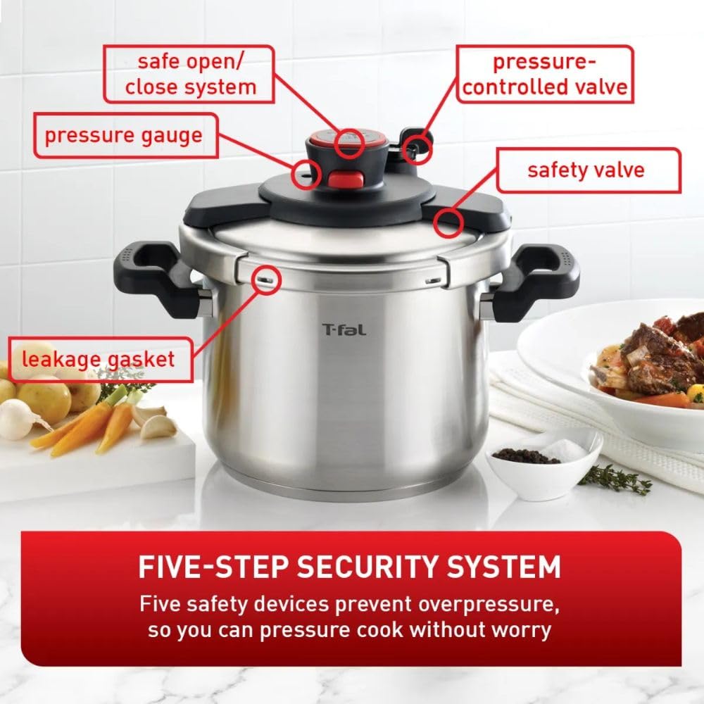 T-fal Clipso Stainless Steel Pressure Cooker, 6 Qt, Secure Locking System, One Hand System, Silver, Induction Compatible, Pressure Canner, Includes Recipe Book, Cookware 🍁 All In One Marketplace Canada