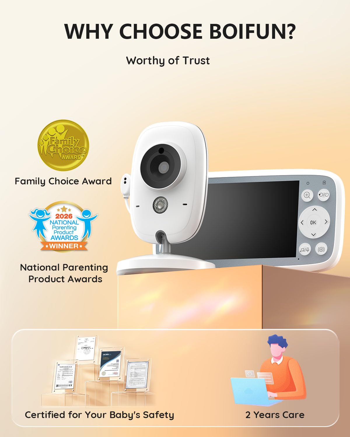 2026 Upgraded Boifun Baby Monitor No Wi-Fi, Baby Camera with 4" 720P IPS Screen, Night Vision, 3X Zoom, Two-Way Audio, Temperature Monitoring, Lullabies, Sound Detection, Just Turn On & Go 🍁 All In One Marketplace Canada
