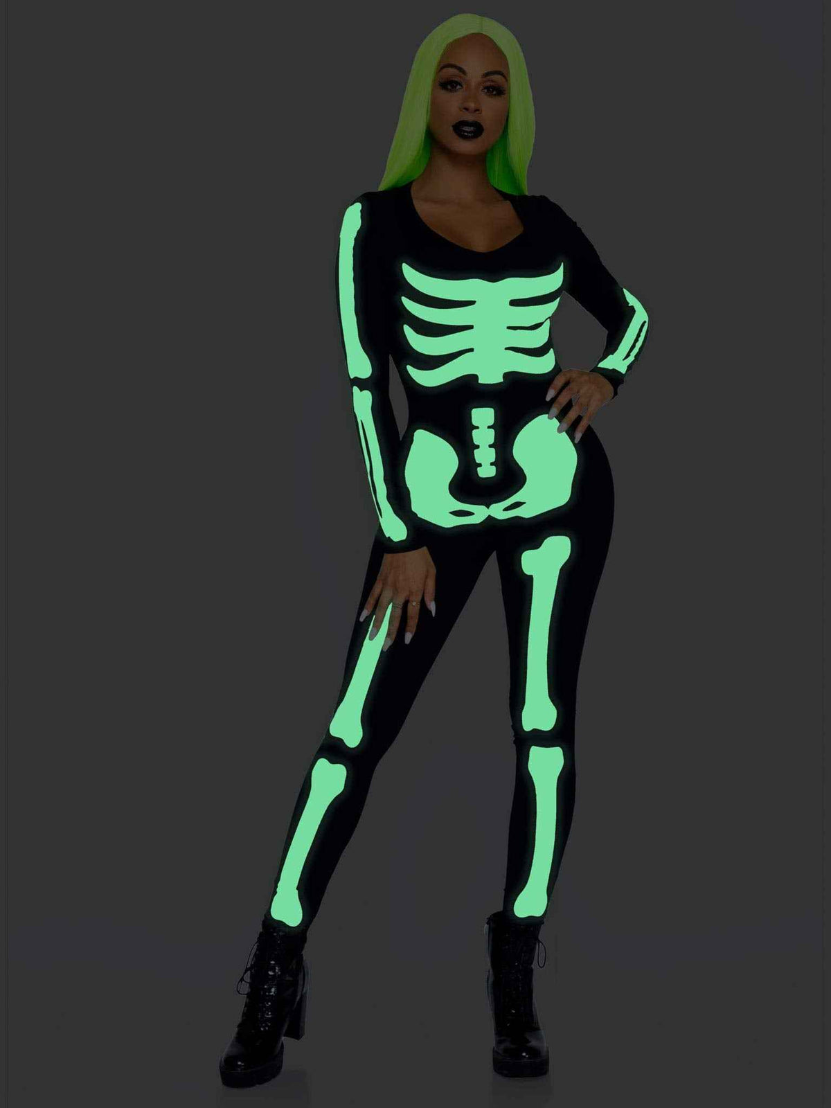 Leg Avenue Women's Glow in The Dark Skeleton Bodysuit Halloween Costume, Black/White, X-Large