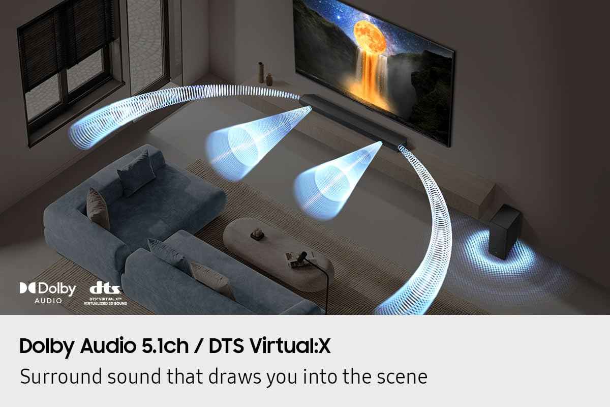Samsung Sound Bar HW-B750F/ZC, 5.1 Channel, Subwoofer, 400 watts, Surround Sound, Q-Symphony, Dolby Digital, DTS Virtual:X, Bass Boost, Adaptive Sound, Bluetooth, HDMI ARC, Soundbar