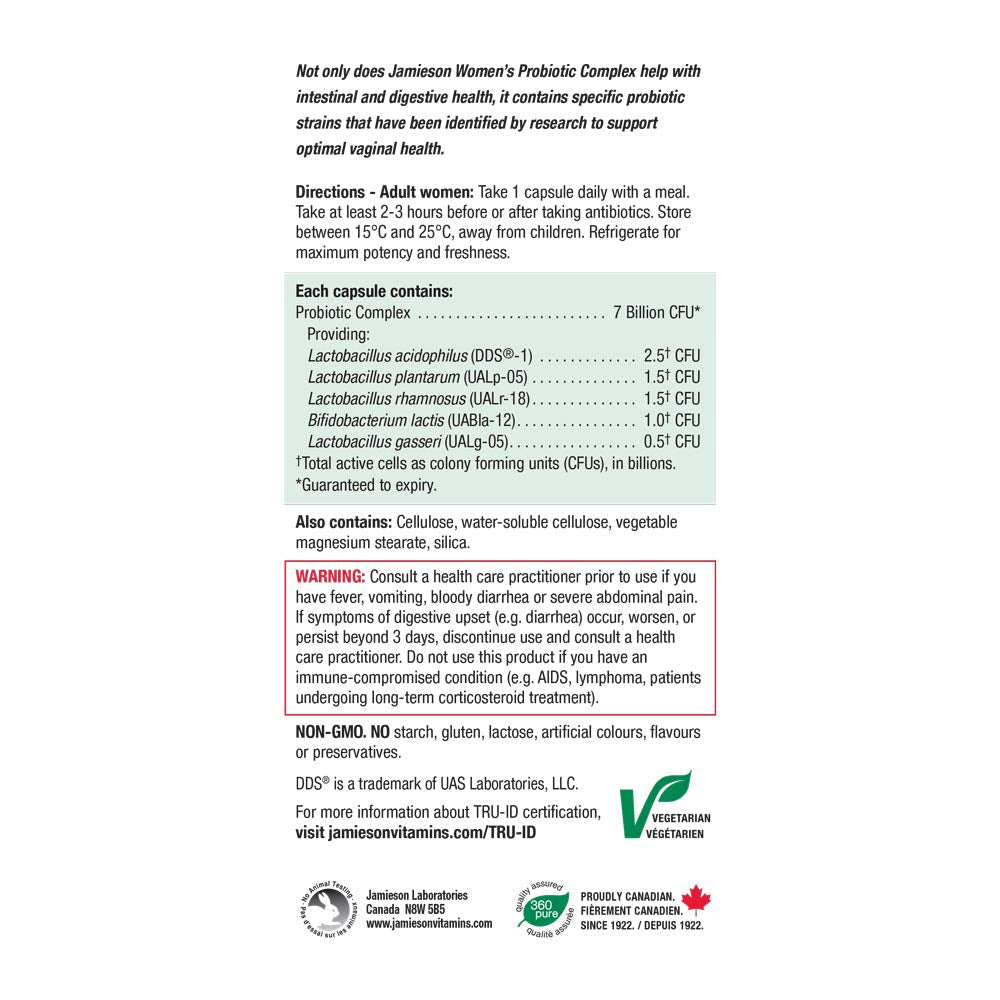 Jamieson Women's Probiotic Complex 7 Billion Active Cells, Supports Digestive Health, Intestinal Health, Gut Flora, and Vaginal Health with Lactobacillus and Bifidobacterium, Non-GMO, Gluten-Free, 45 Vegetarian Capsules 🍁 All In One Marketplace Canada