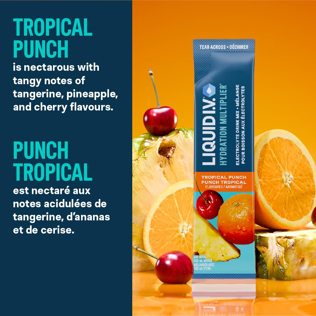 Liquid I.V. Hydration Multiplier Electrolyte Drink Mix - Enhanced Hydration Electrolyte Powder with Vitamins B3, B5, B6, B12 and C -18x On-the-go Sticks for Workout and Travel - Tropical Punch 🍁 All In One Marketplace Canada