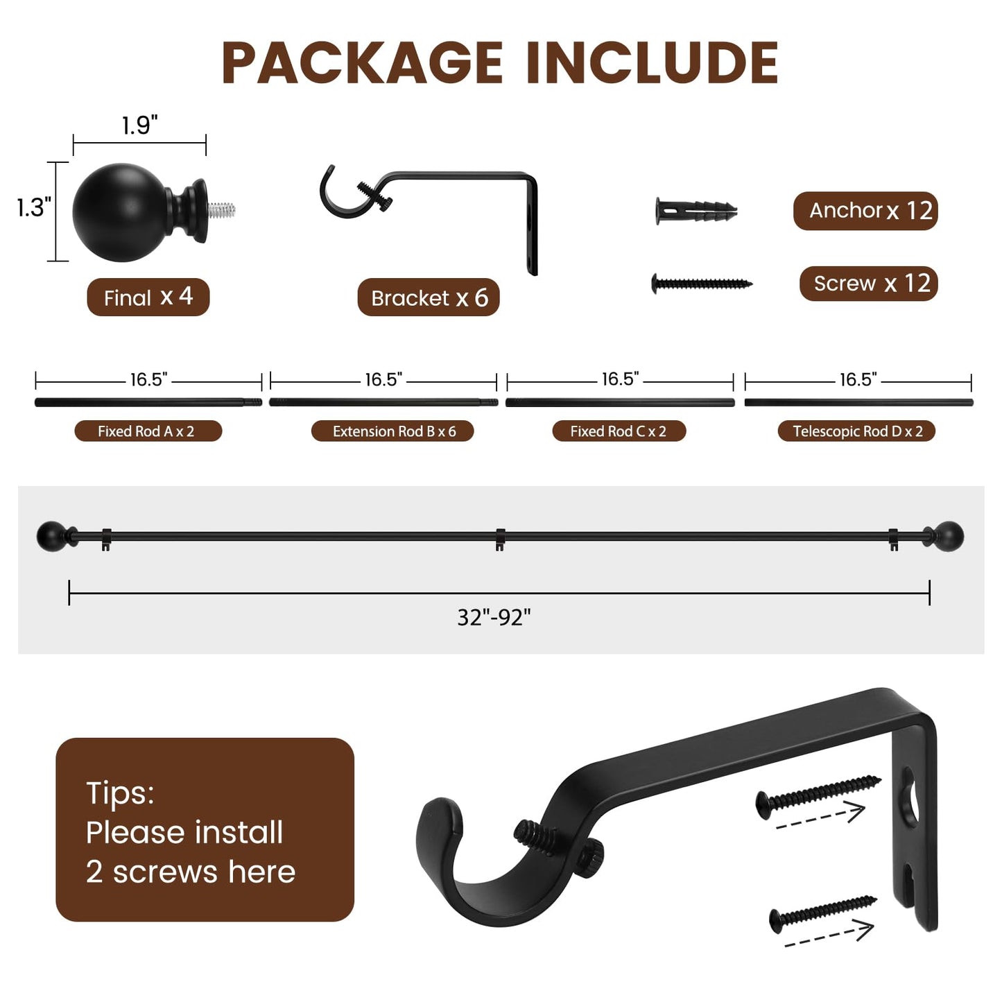 2 Pack Curtain rod for Windows 48 to 84 Inch, 5/8 Inch Small Matte Black Outdoor adjustable Curtain Rods with brackets for Bedroom, Bathroom, Living room, Kitchen, Patio, cafe 🍁 All In One Marketplace Canada