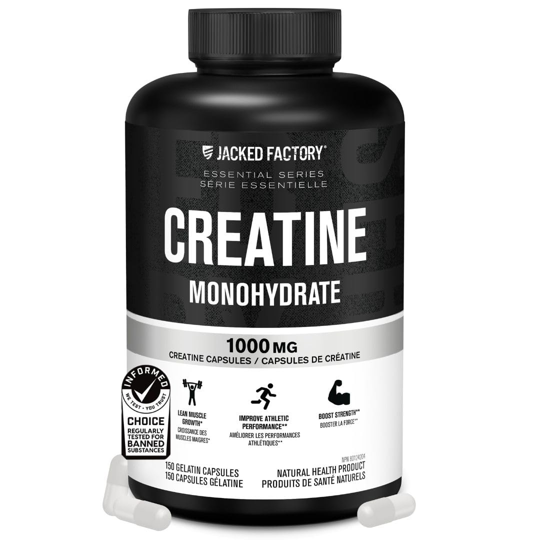 Jacked Factory Creatine Monohydrate Capsules - Canadian-Owned Supplement for Muscle Growth, Increased Strength, Enhanced Energy Output, and Improved Athletic Performance - 150 Pills 🍁 All In One Marketplace Canada