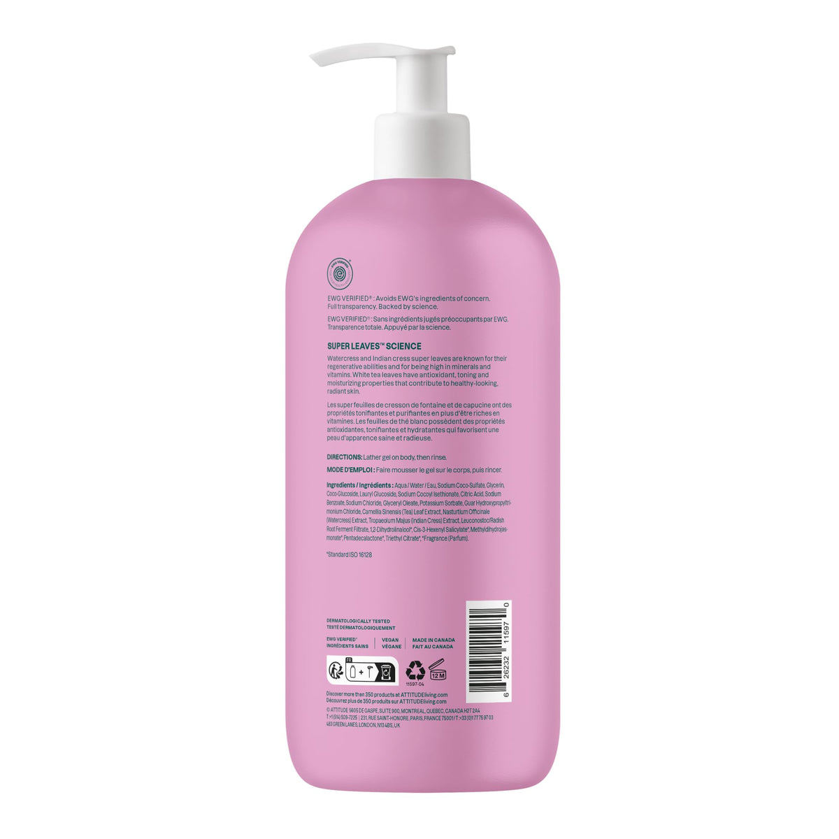 ATTITUDE Body Wash, Made in Canada, EWG Verified Shower Gel, Dermatologically Tested, Plant and Mineral-Based, Vegan Personal Care Products, White Tea Leaves, 946 mL 🍁 All In One Marketplace Canada