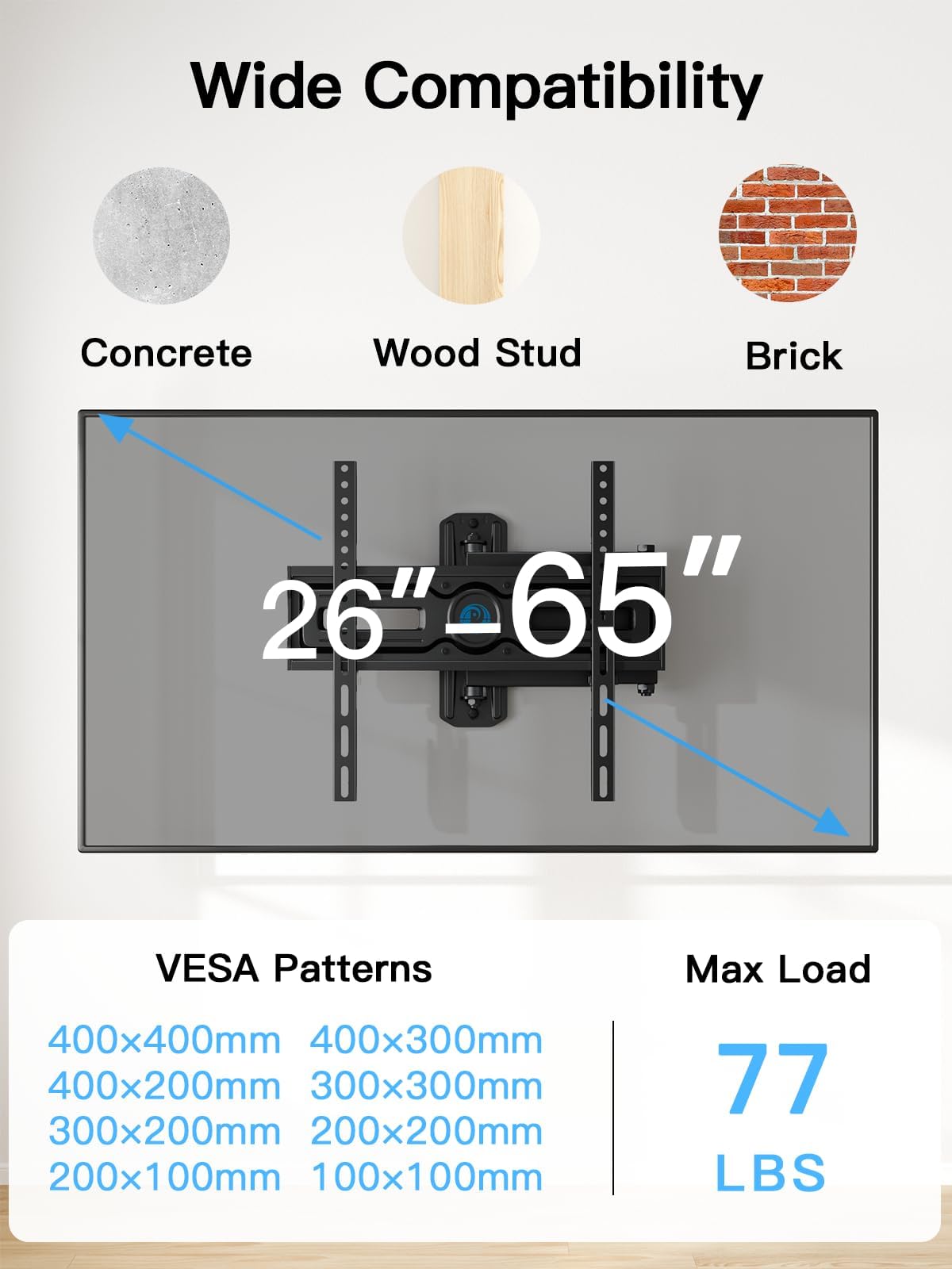 Pipishell Full Motion TV Wall Mount for 26-65 Inch TVs up to 77 lbs, Height Adjustable Corner Wall Mount Bracket with Articulating Arm, Swivel Extension Tilt, Max VESA 400x400mm, PIMF9 🍁 All In One Marketplace Canada