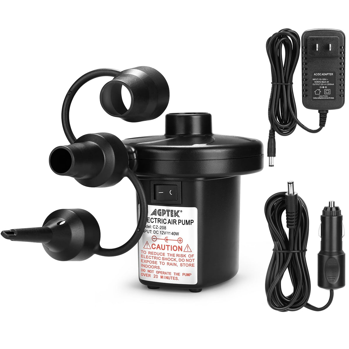 Electric Air Pump, AGPtEK Portable Quick-Fill Air Pump with 3 Nozzles, 4500 Pa 110V AC/12V DC, Perfect Inflator/Deflator Pumps for Outdoor Camping, Inflatable Cushions, Air Mattress Bed, Swimming Ring 🍁 All In One Marketplace Canada