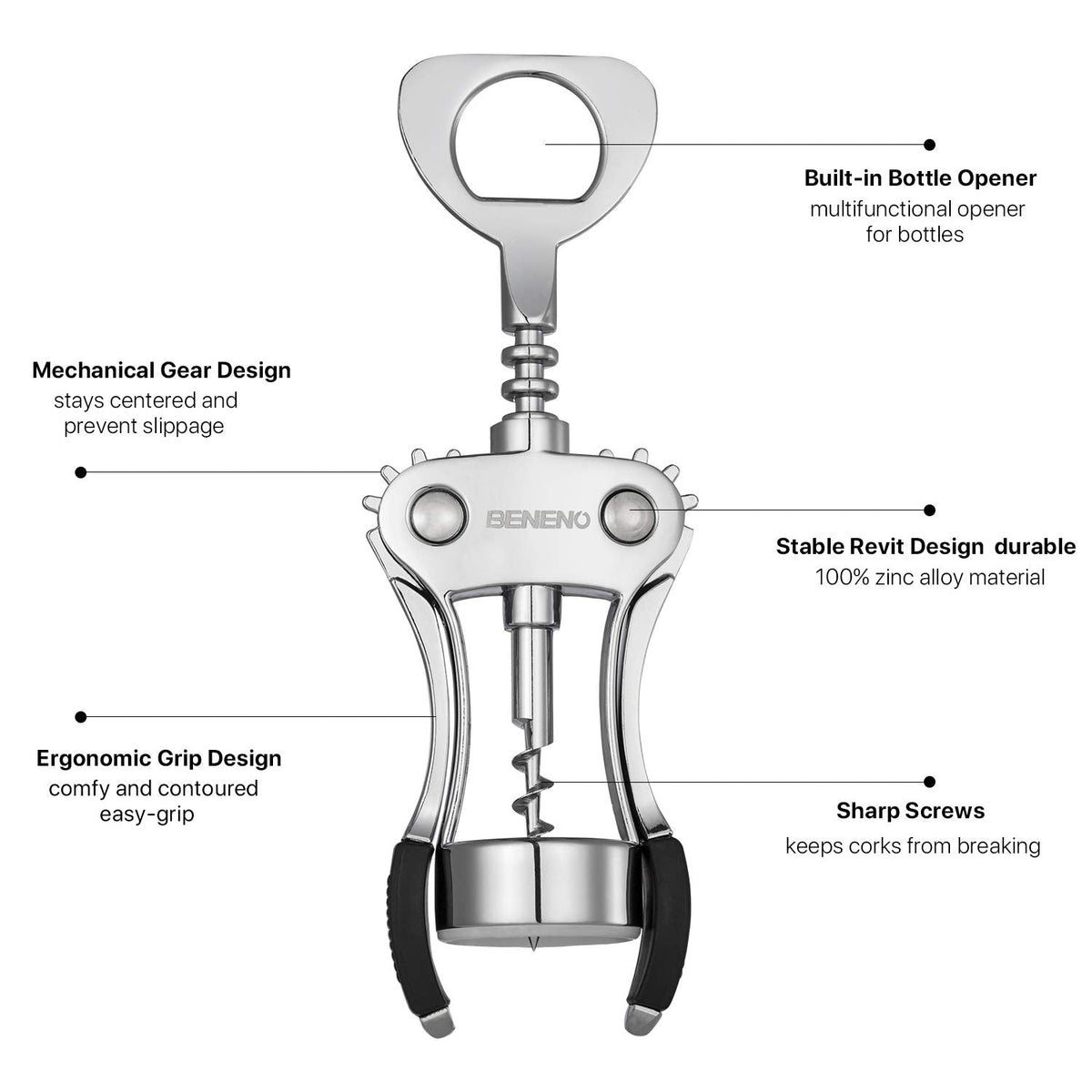 Wine Opener, BENENO Zinc Alloy Premium Wine Bottle Opener Wing Corkscrew with Multifunctional Corks and Caps Bottle Opener, Upgrade 🍁 All In One Marketplace Canada