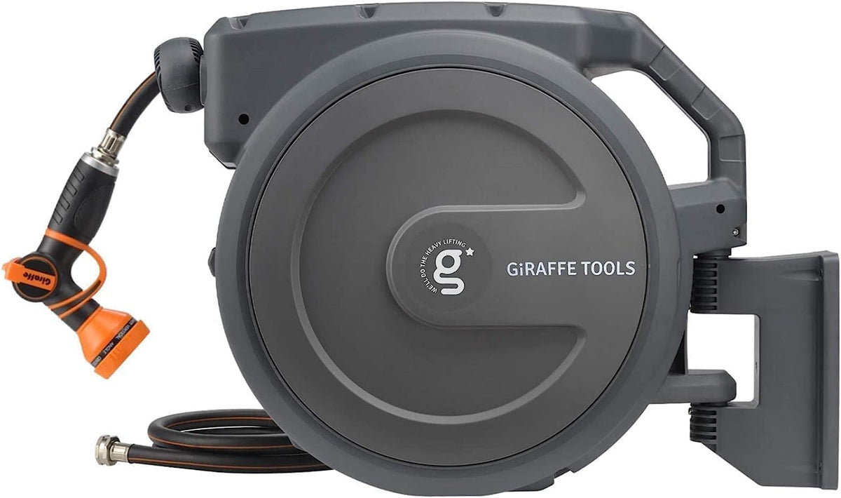 Giraffe Tools Garden Hose Reel Retractable 1/2" x 100 ft Wall Mounted Water Hose Reel Automatic Rewind, Any Length Lock, 100ft, Dark Grey AW30 🍁 All In One Marketplace Canada