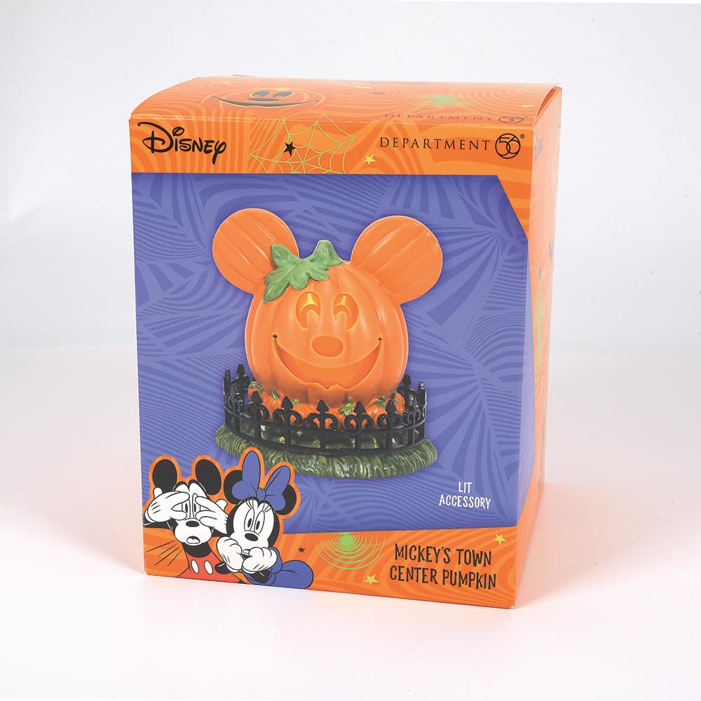 Department 56 Disney Village Halloween Accessories Pumpkintown Mickey Mouse Town Center Lit Figurine, 4 Inch, Multicolor