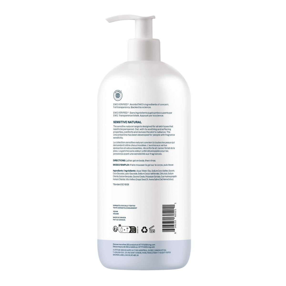 ATTITUDE Body Wash for Sensitive Skin, EWG Verified Shower Gel, Soothing Oat, Dermatologically Tested, Plant and Mineral-Based, Vegan Personal Care, Unscented, 946 mL 🍁 All In One Marketplace Canada