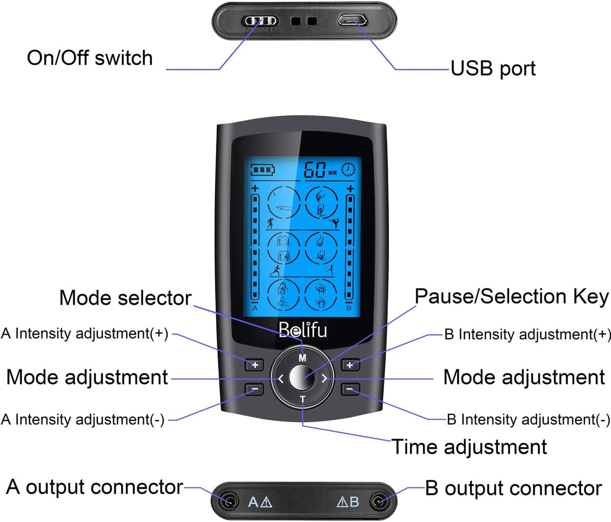 Belifu Dual Channel TENS EMS Unit 24 Modes Muscle Stimulator for Pain Relief Therapy, Electronic Pulse Massager Muscle Massager with 10 Pads, Dust-Proof Drawstring Storage Bag，Fastening Cable Ties 🍁 All In One Marketplace Canada