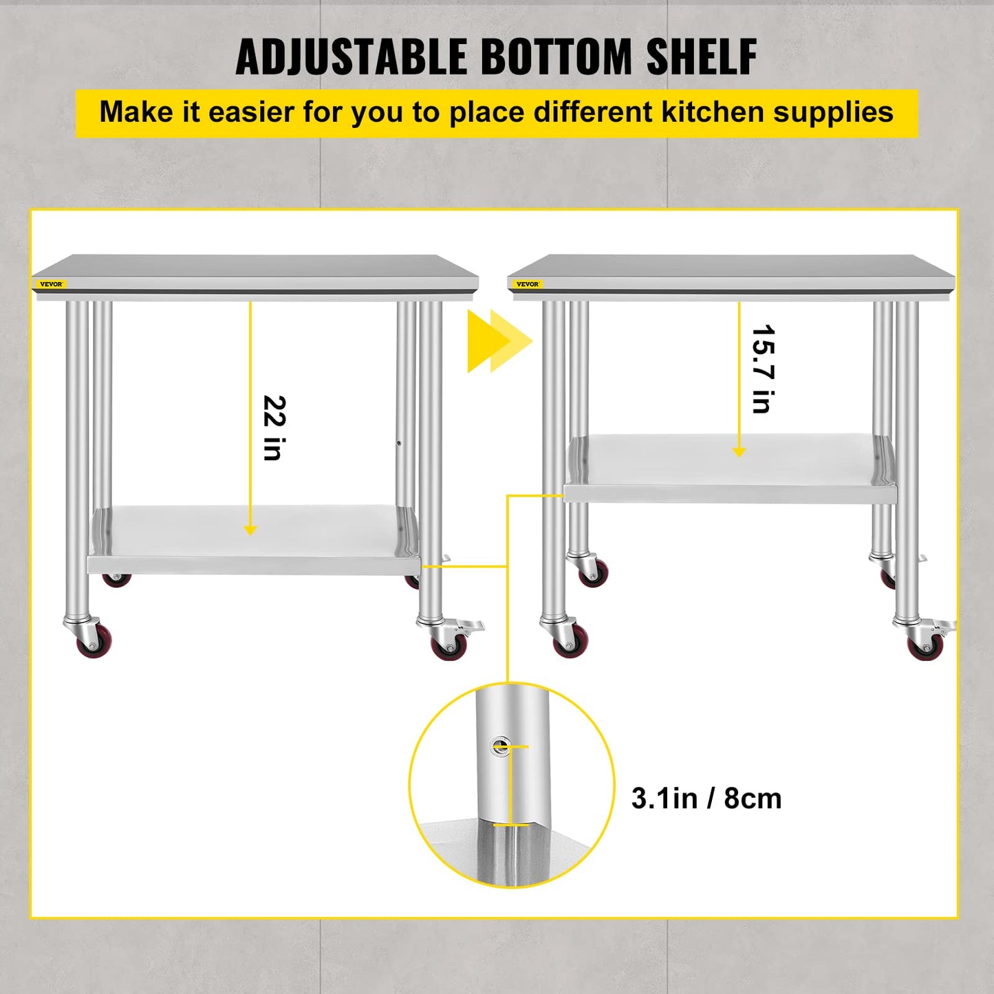 VEVOR 36x24x33.5 inch Stainless Steel Work Table with Wheels Prep Table with casters Heavy Duty Work Table for Commercial Kitchen Restaurant Business Garage 350 lb Capacity 🍁 All In One Marketplace Canada