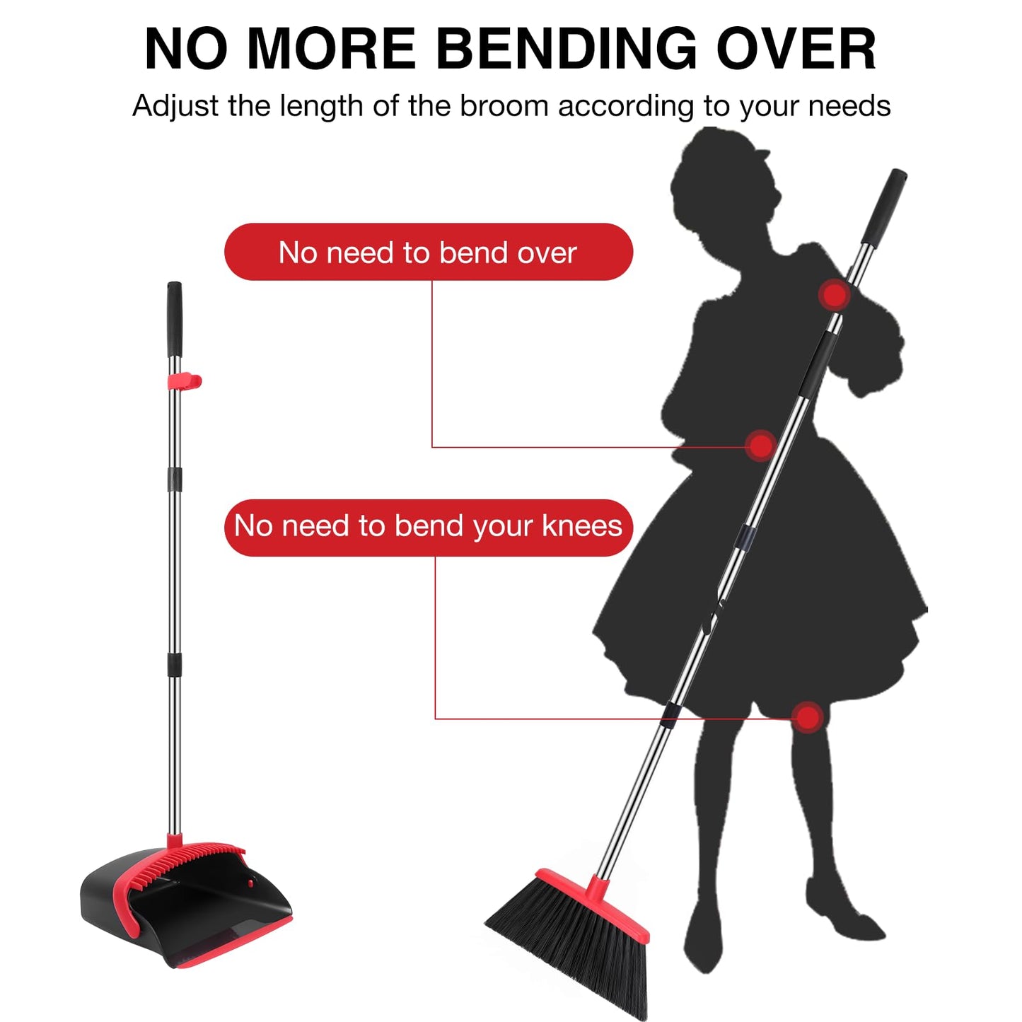 Broom and Dustpan Set, 52-in Long Adjustable Handle Broom Dustpan Combo with Dustpan Teeth to Automatically Clean Hair Suitable for Home Kitchen Office Hall Floor（Black&Red） 🍁 All In One Marketplace Canada
