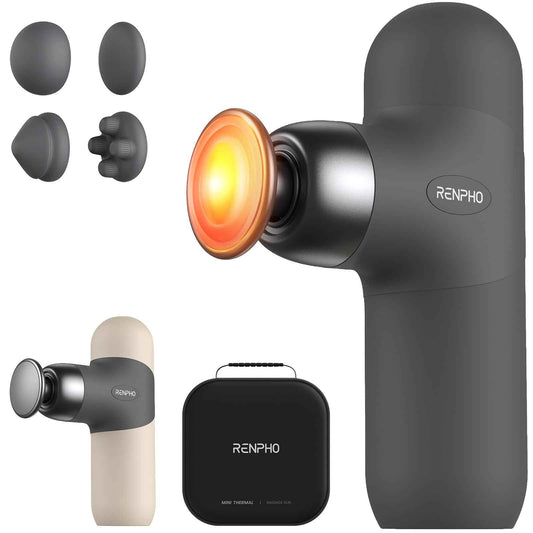 RENPHO Mini Thermal Massage Gun with Heat, Fathers Day Present, Portable Fashion Massager Gun, Color Silicone Sleeves, 4 Intensities, 4 Heads, Travel Size with Carry Case Grey 🍁 All In One Marketplace Canada