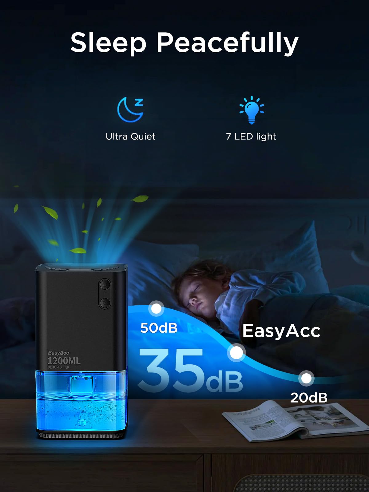EasyAcc Dehumidifiers for Home Basements, 40oz Air Dehumidifier for Home(450sq ft) with Handle/7 LED Lights, Ultra Quiet & Auto Shut off Dehumidifiers for Bedroom Bathroom Closet RV 1200ml Black 🍁 All In One Marketplace Canada