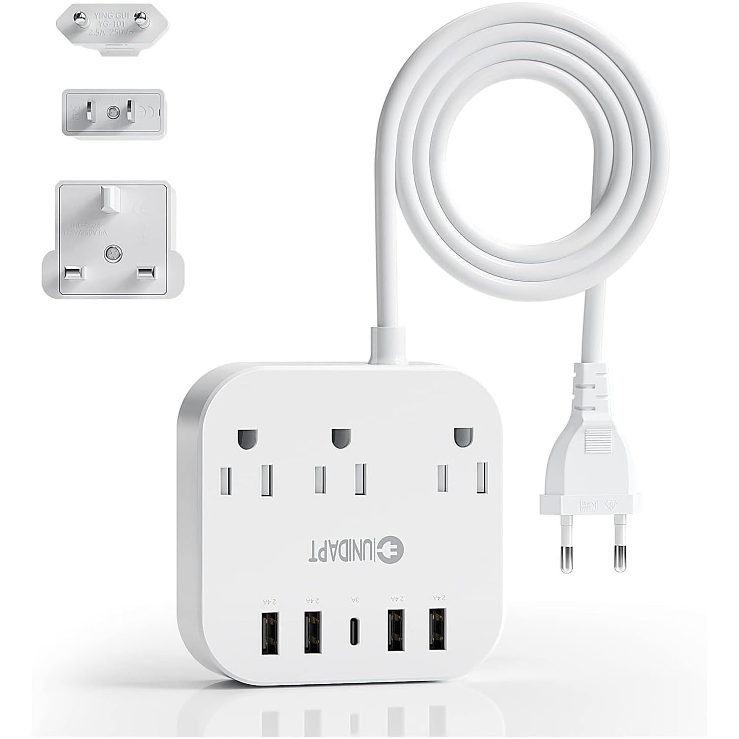 Unidapt European Plug Adapter, Unidapt US to UK Europe Power Strip for EU/UK/US with USB C and 4 USB Ports, 3 AC Outlets, Wall Mountable, 5ft Cord, for Travel Cruise Ship Home (WSS-603) 🍁 All In One Marketplace Canada