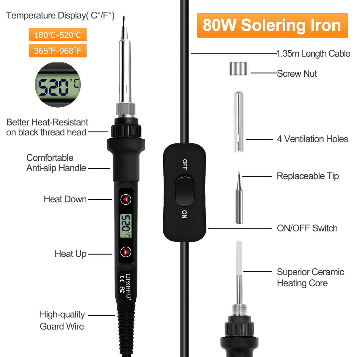 Soldering Iron Kit 80W LCD Adjustable Temperature 180-520℃ Solder Kit Electronics 12 in 1 Welding Tools with ON/Off Switch, Solder Wire, 5 Soldering Tips, Desoldering Pump, Stand, Tweezers 🍁 All In One Marketplace Canada