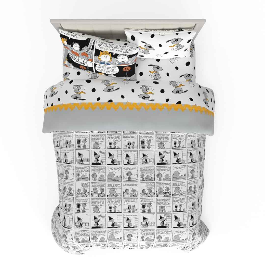 Peanuts Halloween Full Bed Set – Super Soft & Cozy 5 Piece Reversible Comforter and Sheet Set Featuring Snoopy & Charlie Brown, (Official Peanuts Product) by Franco