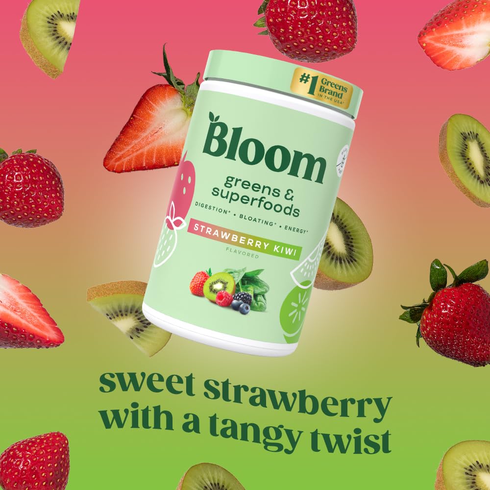 Bloom Nutrition Superfood Greens Powder, Digestive Enzymes with Probiotics and Prebiotics, Gut Health, Bloating Relief for Women, Chlorella, Juice Mix with Beet Root Powder, 25 SVG, Strawberry Kiwi 🍁 All In One Marketplace Canada