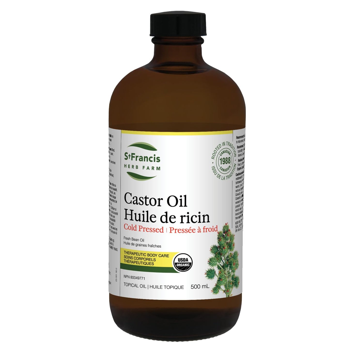 ST FRANCIS HERB FARM Castor Oil (500ml) USDA Certified Organic, Cold Pressed, Hexane-Free, GMO Free, Vegan, Vegetarian, Sealed in Protective Amber Glass (1 Bottle) Hair, Skin, and Nail Care 🍁 All In One Marketplace Canada