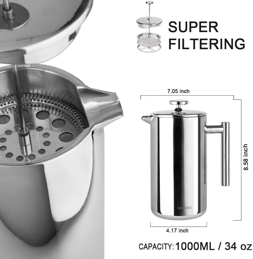 Secura French Press Coffee Maker, 304 Grade Stainless Steel Insulated Coffee Press with 2 Extra Screens, 34oz (1 Litre), Silver 🍁 All In One Marketplace Canada