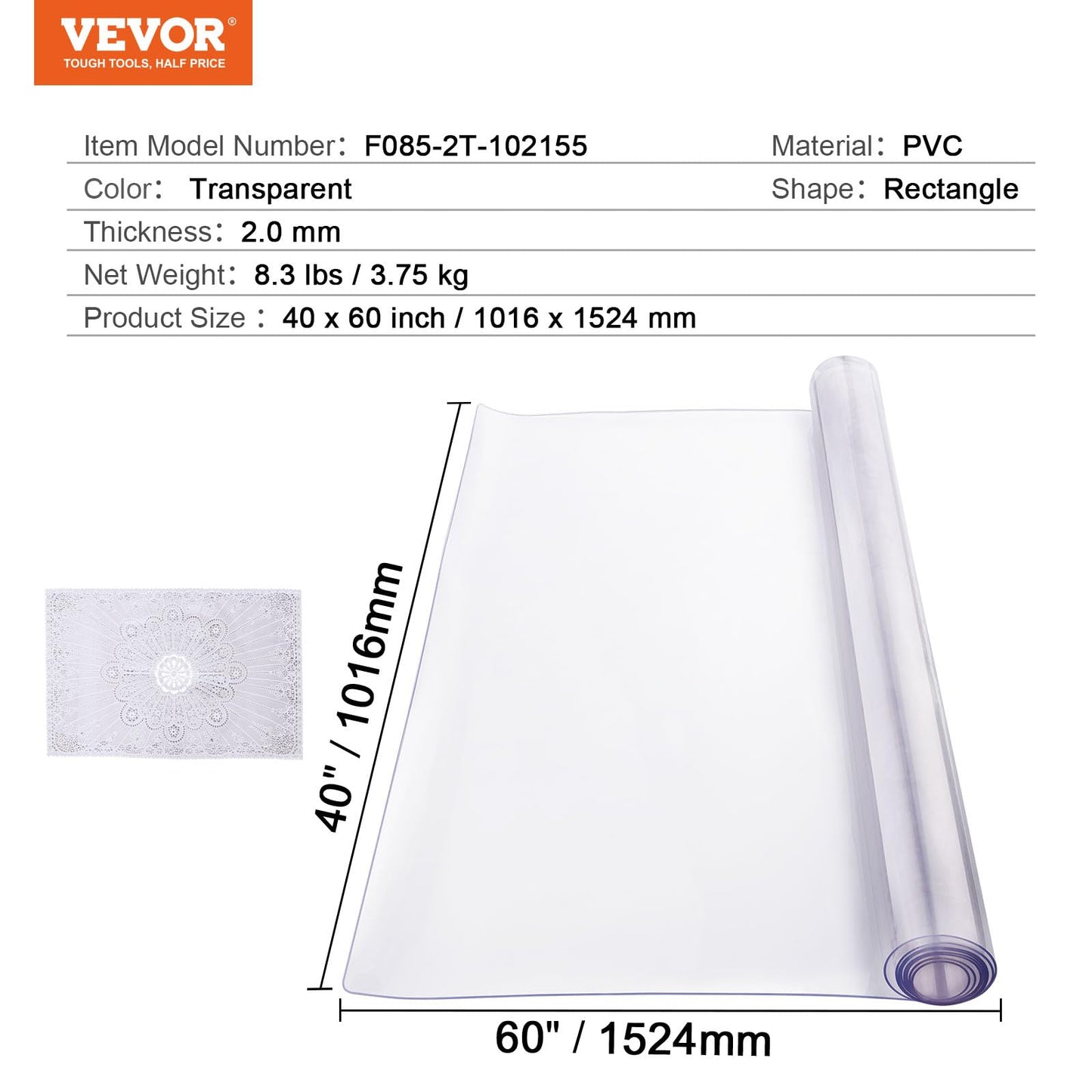 VEVOR Plastic Table Cover, 40 x 60 Inch 2.0 mm Thick Clear Table Protector, Rectangle PVC Desk Mat, Waterproof & Easy Cleaning Desk Pad Tablecloth, for Office Dresser Dining Room Table Night Stand 🍁 All In One Marketplace Canada