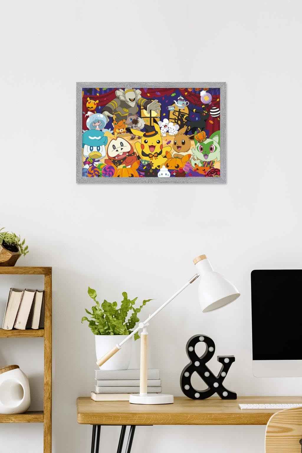 Pokémon: Halloween Party- Group Wall Poster, 22.4L" x 14.7W", Gray Framed Version