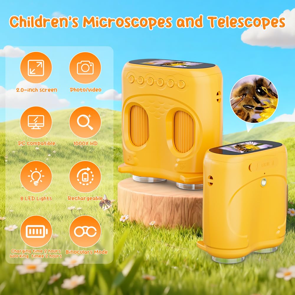 Temodu 2-in-1 Kids Microscope Telescope, 2.0" 1000X Digital Microscope for Kids, HD Portable Education Telescope for Kids Birthday Festival Gift, Science Fun Toys for Children Age 4-12 (Yellow) 🍁 All In One Marketplace Canada