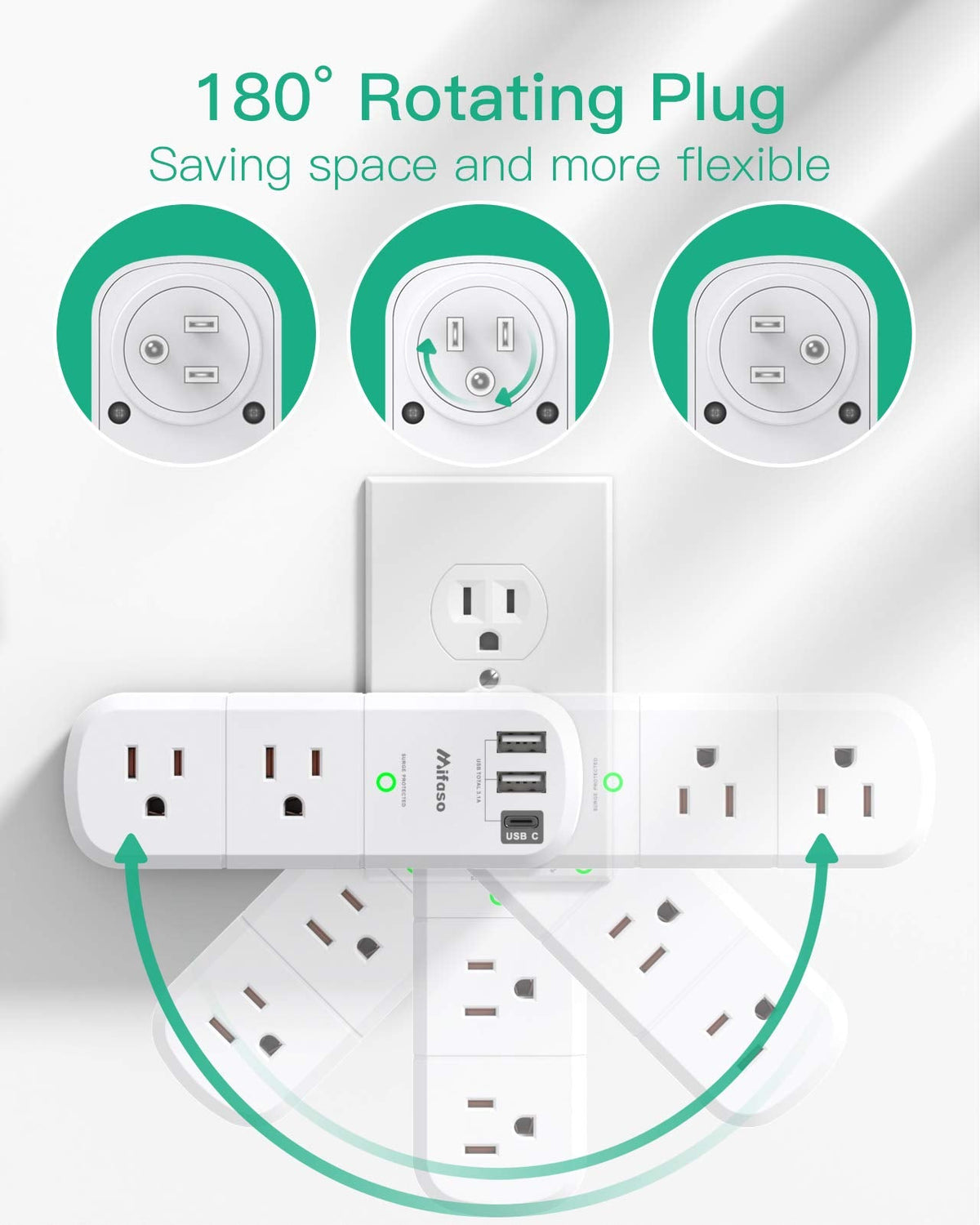 USB Outlet Extender Surge Protector - with Rotating Plug, 6 AC Multi Plug Outlet and 3 USB Ports (1 USB C), 3-Sided Swivel Power Strip with Spaced Outlet Splitter for Home, Office, Travel 🍁 All In One Marketplace Canada