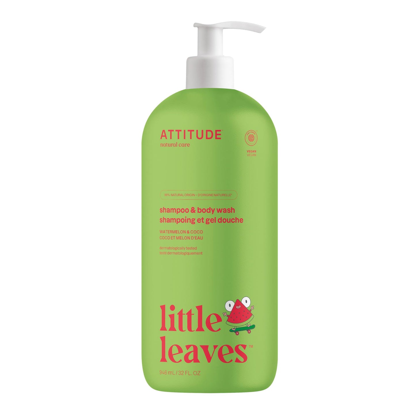 ATTITUDE Shampoo and Body Wash for Kids, Made in Canada, EWG Verified, Dermatologically Tested, Plant- and Mineral-Based Ingredients, Vegan, Watermelon and Coco, 946 mL 🍁 All In One Marketplace Canada