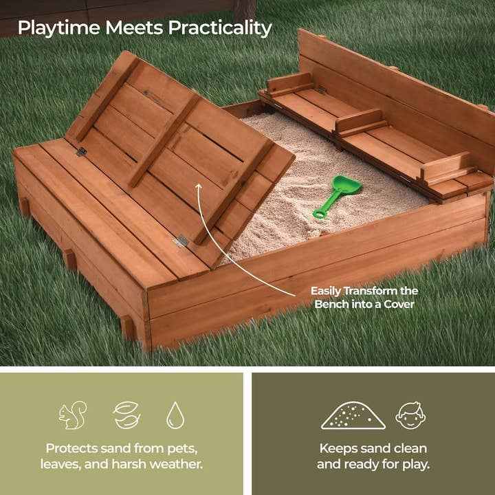 Play22 - Cedar Wood Kids Sandbox with Foldable Bench Seats - Ages 4+