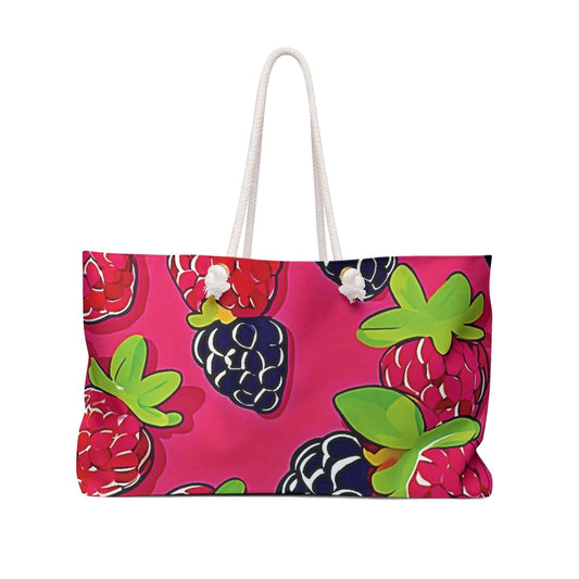 Raspberry Blackberry Pattern Weekender Bag | Bright Pink Berry Large Tote Bag