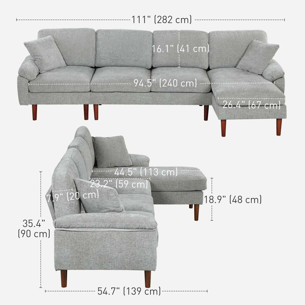 Grey L-Shape Sectional Sofa – Modern Reversible Chaise Couch with Pillows & Wooden Legs (United States & Canada Delivery Only)