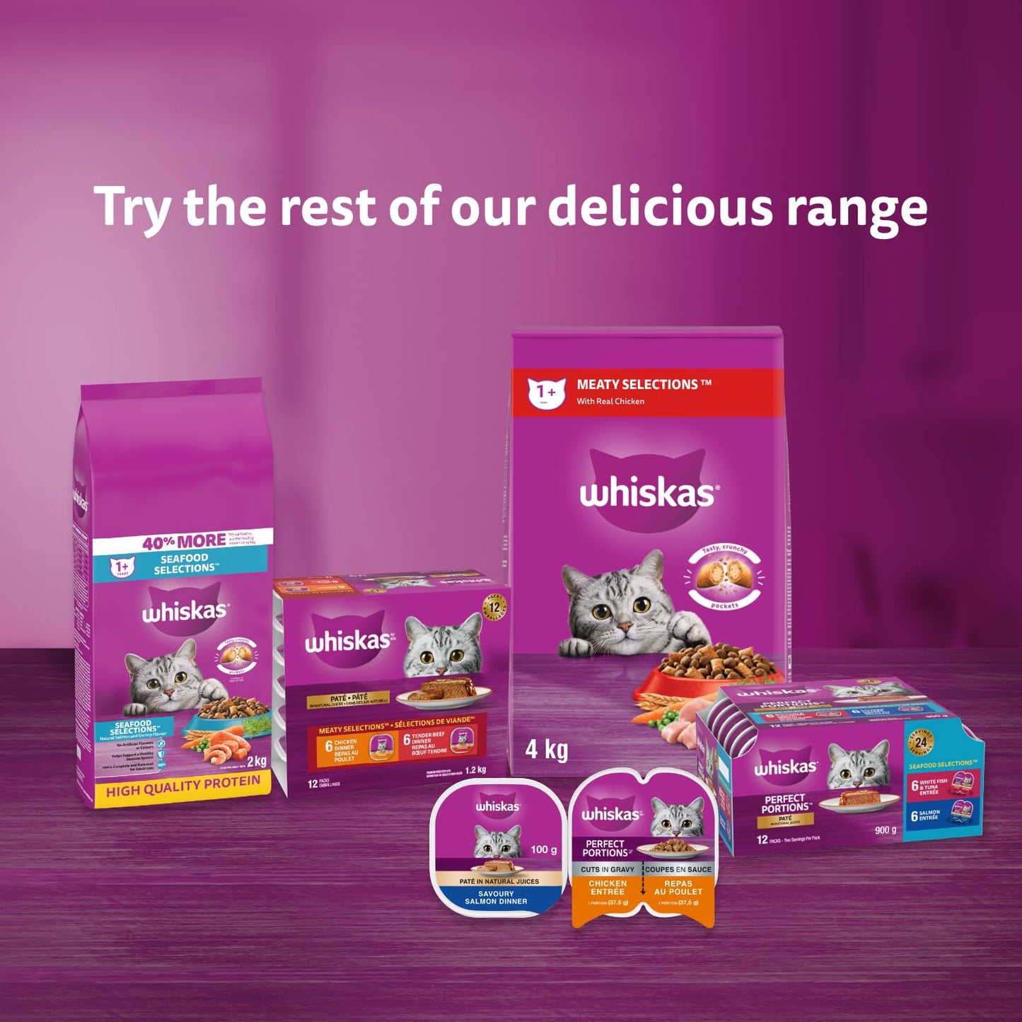 WHISKAS Perfect Portions Adult Wet Cat Food Paté - Chicken, Beef, Whitefish and Tuna, Salmon, 75g Trays (24 pack) 🍁 All In One Marketplace Canada