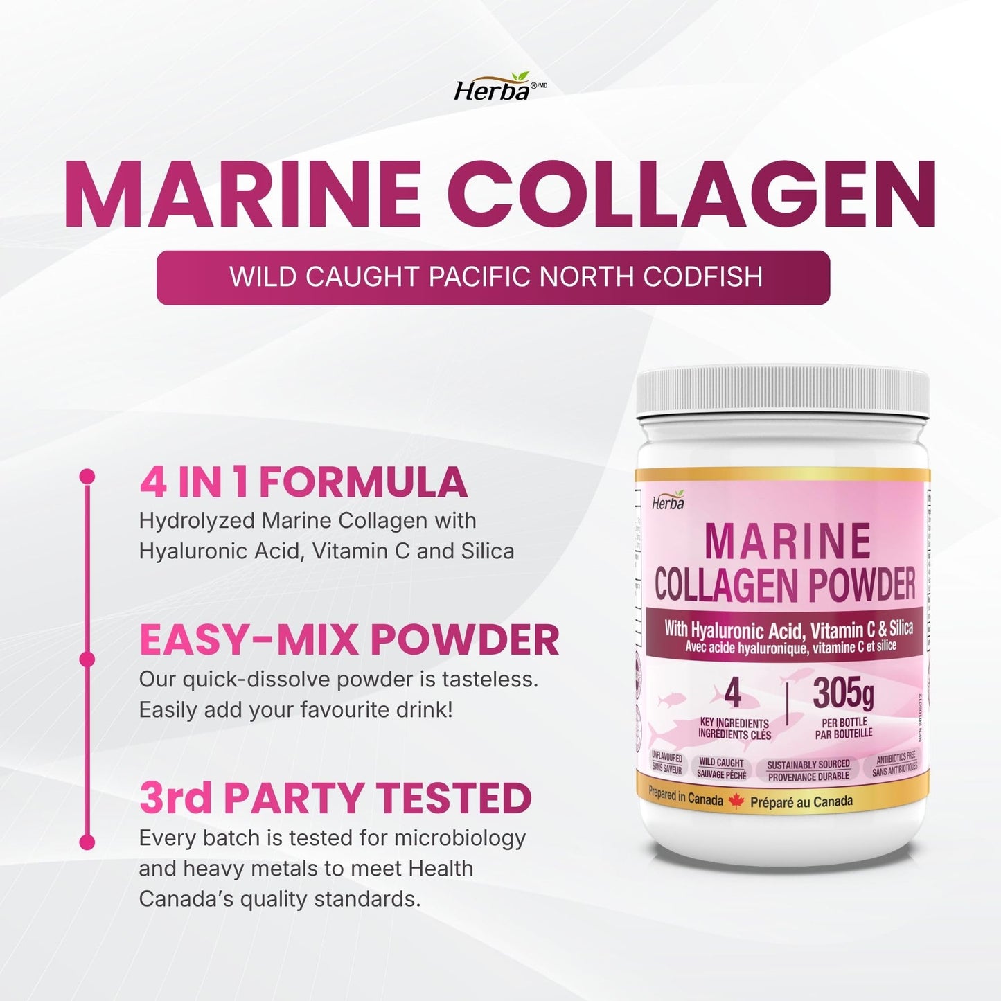Herba Marine Collagen Powder for Women & Men with Hyaluronic Acid, Vitamin C, and Silica – 305g | Made in Canada | Wild Caught | Hydrolyzed Collagen Peptides | Antibiotics Free | Sustainably Sourced 🍁 All In One Marketplace Canada
