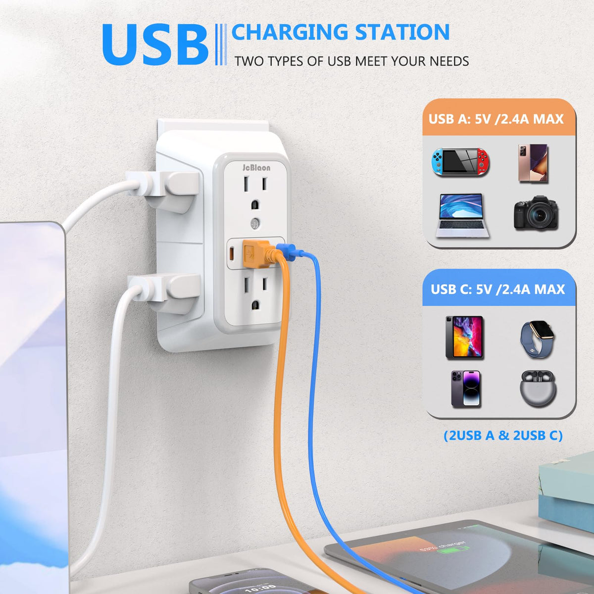 JcBlaon Outlet Extender Surge Protector - 6 Outlet Splitter with 4 USB Ports (2 USB C), Multiple Plug Expander Wall Charger, 3 Sided Multi Plug Wall Adapter Power Strip for Home Office Kitchen Travel 🍁 All In One Marketplace Canada