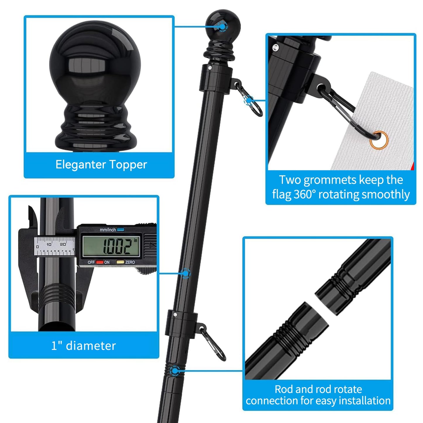 ZMTECH Flag Pole - Upgraded Bracket, 6 FT Stainless Steel Flag Poles for Outside House, Residential or Commerical, Tangle Free Flag Pole Kit for American Flag (Without Flag, Black) 🍁 All In One Marketplace Canada