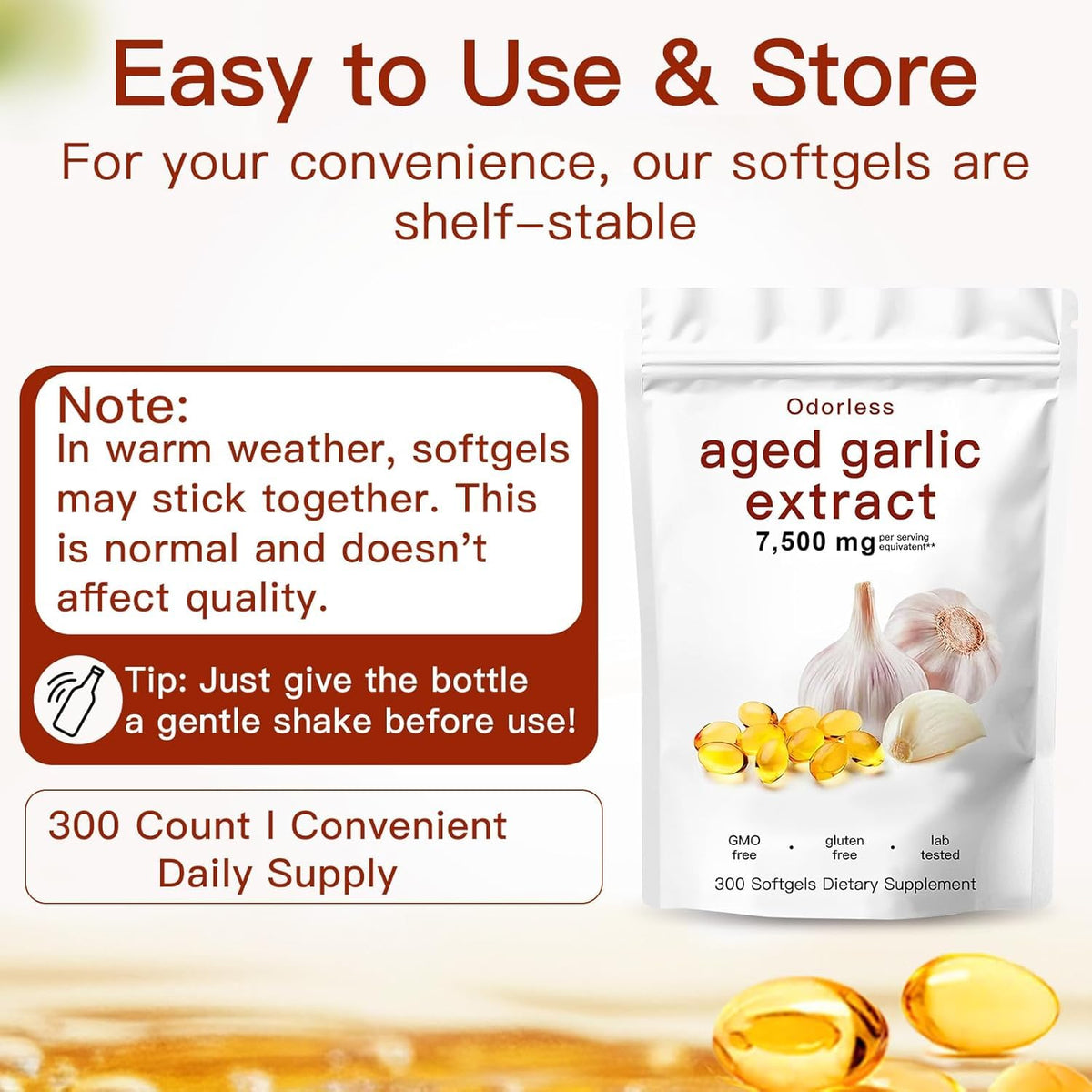 Aged Garlic Extract Capsules 7500mg Odorless – 300 Count Aged Garlic Supplement for Immune Support，Organic, Non-GMO, Vegetarian Softgels(1 PCS) 🍁 All In One Marketplace Canada