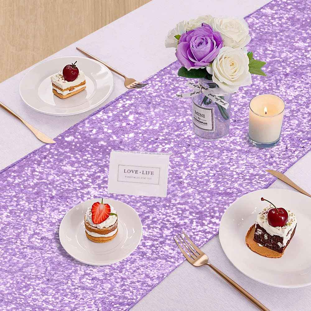 B-COOL Purple Table Runners 4 Pack 12x72 Inch Sequin Lavender Runner for Tables Halloween Party Decor Christmas Holiday Birthday Bridal Baby Shower Wedding Decorations